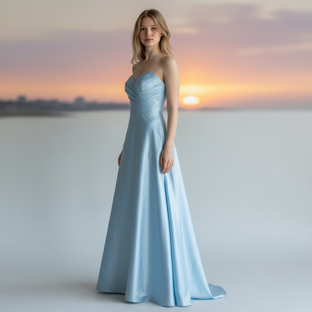 Alfred Angelo‎ Womens Gown A-Line Blue Strapless Satin Pleated Size 12